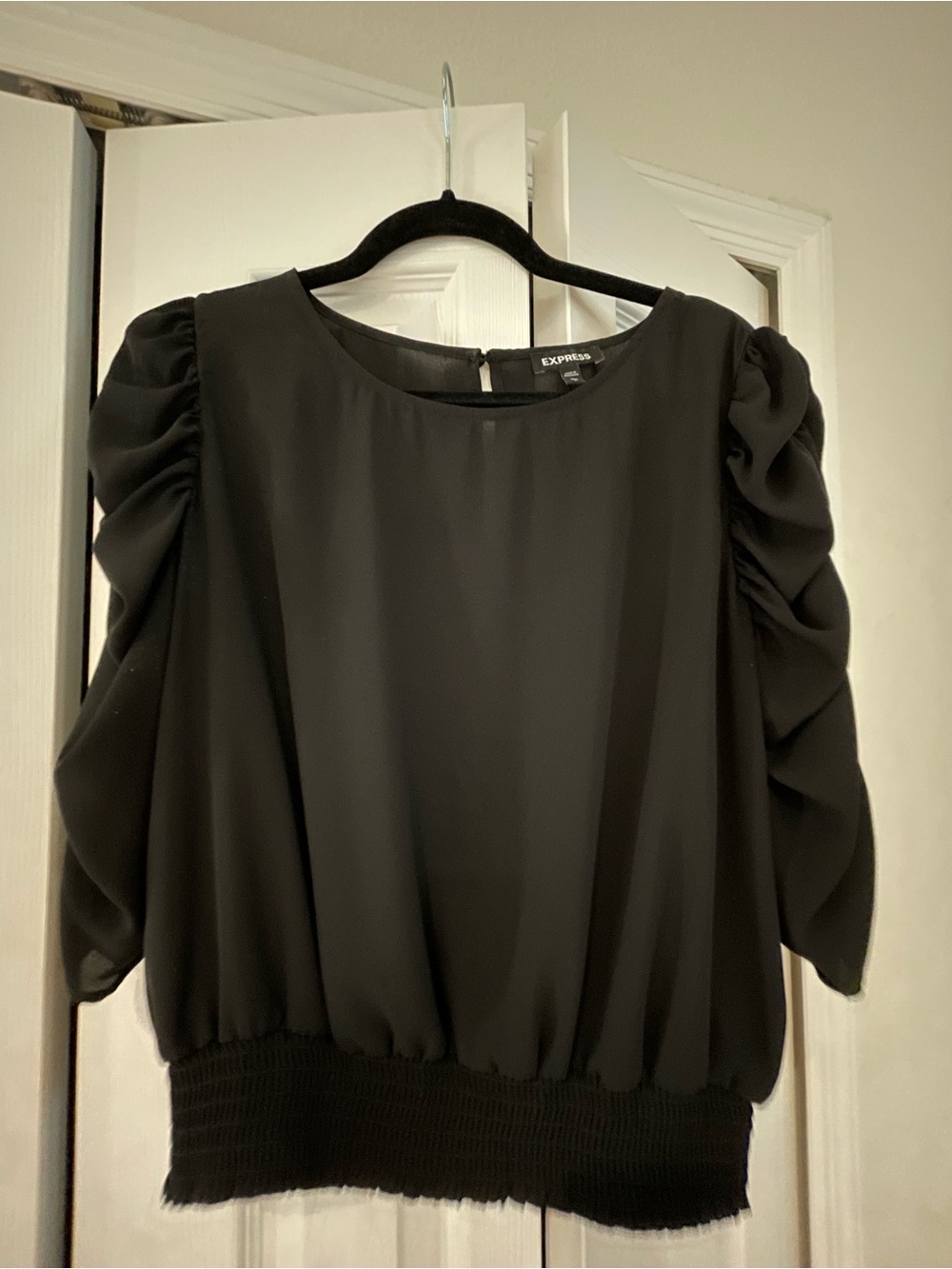 Express Black Puff Sleeve Top with Smocked Hem